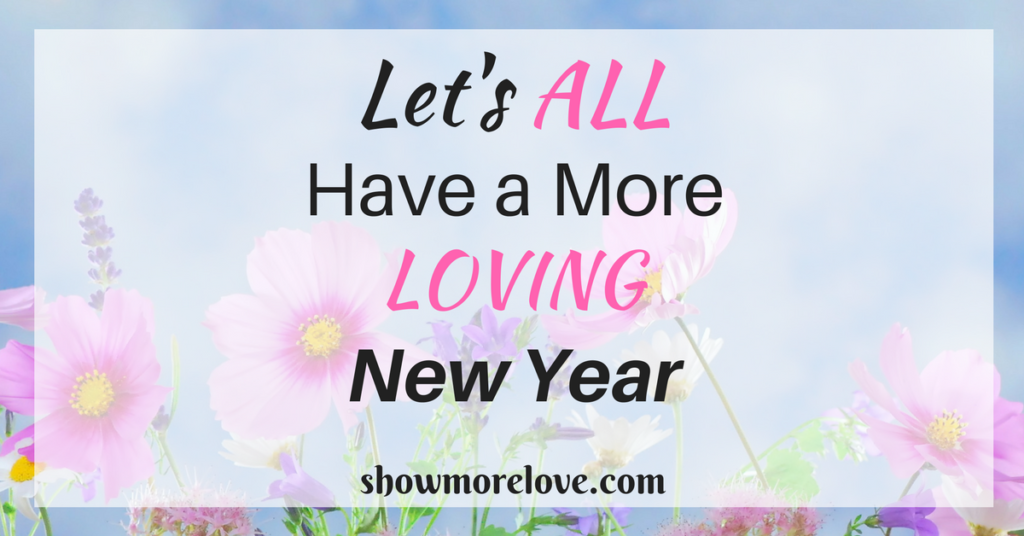 Text Let's All Have a More Loving New Year with pink cosmos and lavender on blue background.