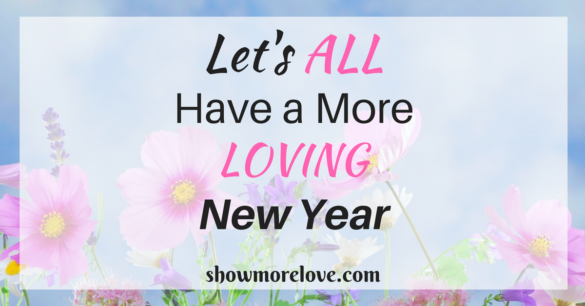 Text Let's All Have a More Loving New Year with pink cosmos and lavender on blue background.